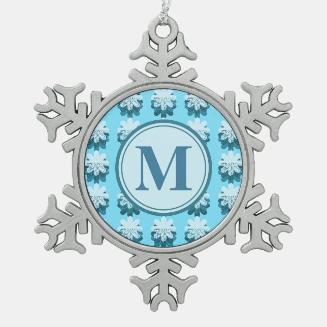Monogram Blue Snowflake Pattern Customizable Pewter Christmas Ornament (Front)