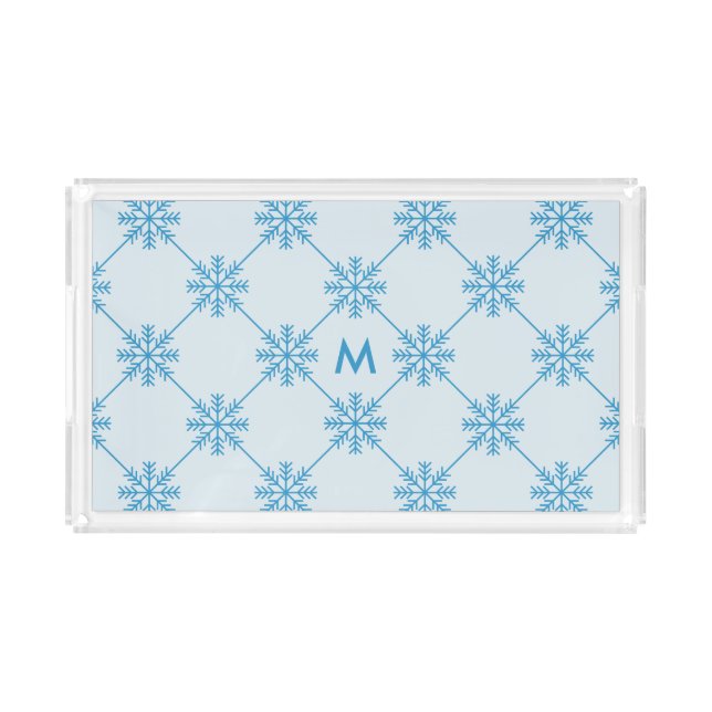 Monogram Blue Snowflakes Diagonal Square Pattern Acrylic Tray (Front)