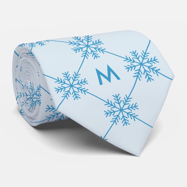 Monogram Blue Snowflakes Diagonal Square Pattern Tie (Rolled)