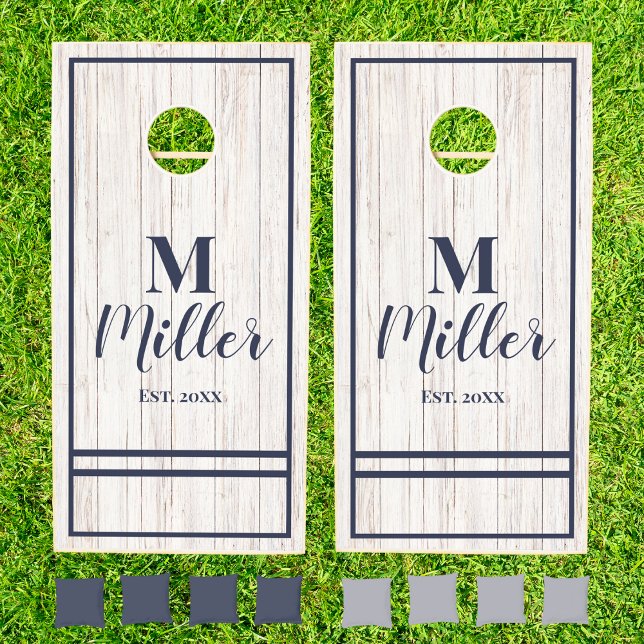 Monogram Blue Stripe Rustic Wood Beach House Cornhole Set (Creator Uploaded)