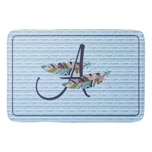 Monogram Blue Striped with Boho Feathers Bath Mat