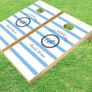 Monogram Blue Stripes Family Name Beach House Cornhole Set