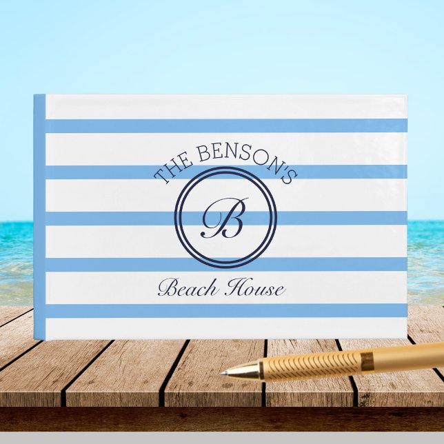 Monogram Blue Stripes Name Beach House Guest Book (Creator Uploaded)