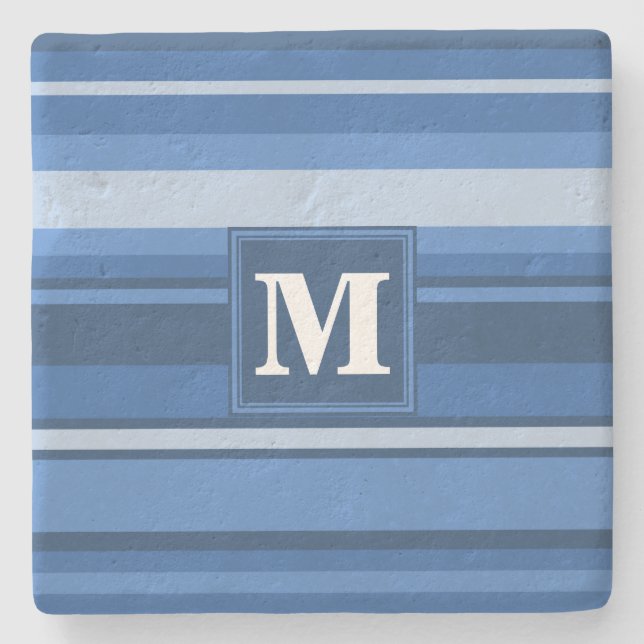 Monogram blue stripes stone coaster (Front)