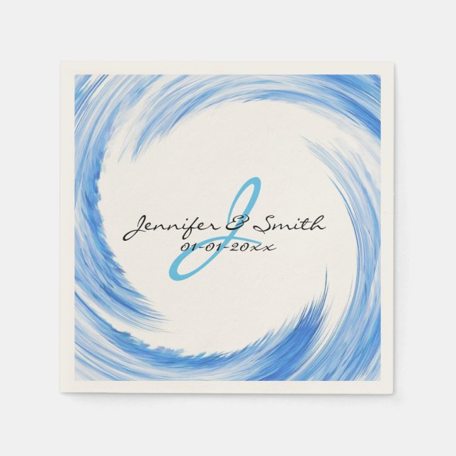 Monogram Blue Swirl Abstract Art Paper Napkins (Front)