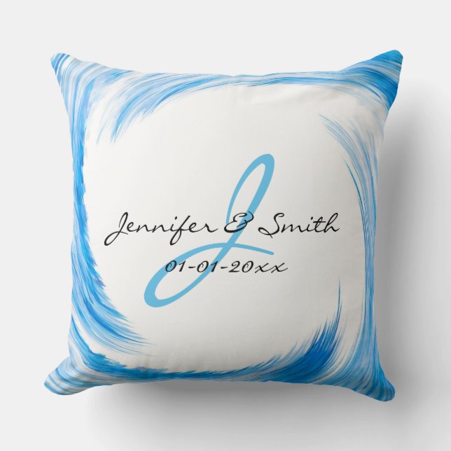 Monogram Blue Swirl Abstract Art Throw Pillow (Front)
