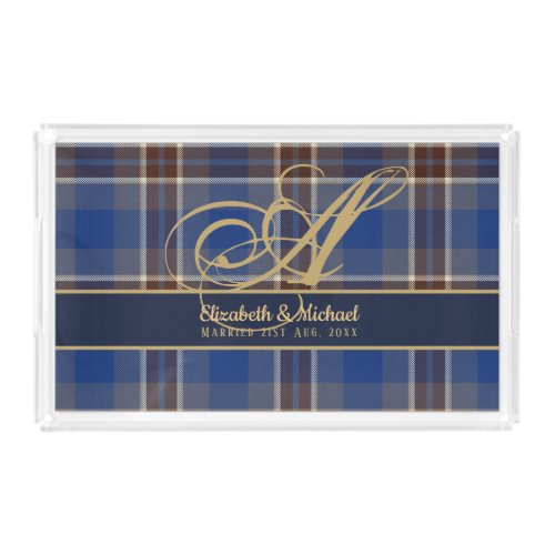 Monogram Blue Tartan Plaid Newlyweds Wedding Acrylic Tray