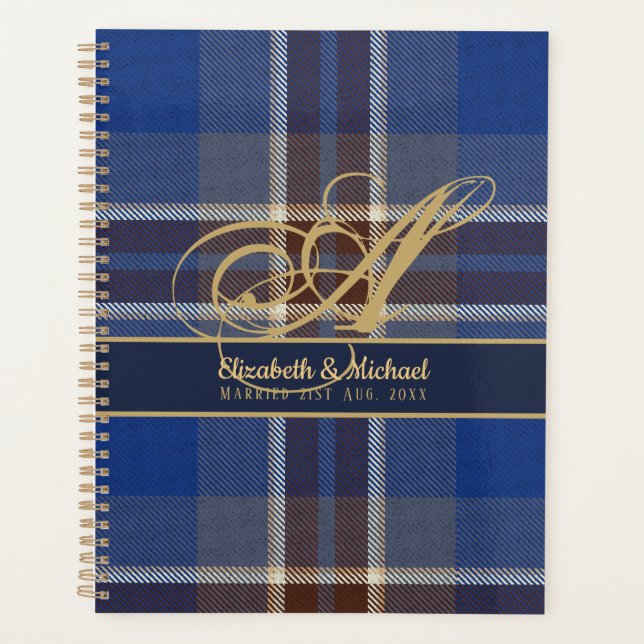 Monogram Blue Tartan Plaid Newlyweds Wedding Planner (Front)