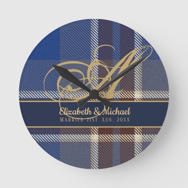 Monogram Blue Tartan Plaid Newlyweds Wedding Round Clock (Front)