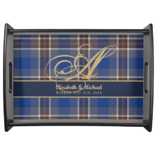 Monogram Blue Tartan Plaid Newlyweds Wedding Serving Tray