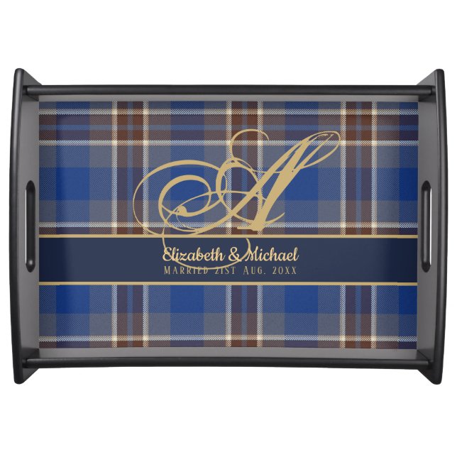 Monogram Blue Tartan Plaid Newlyweds Wedding Serving Tray (Front)