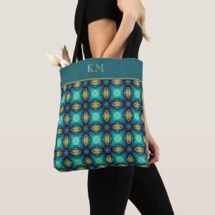 Monogram Blue Teal Abstract Floral Chic Girly Tote Bag