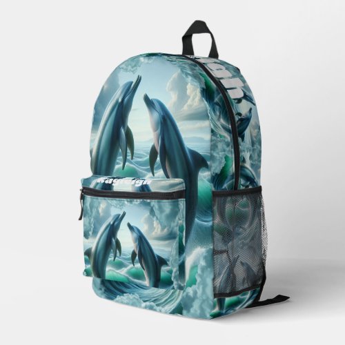 Monogram Blue Teal Dolphins Ocean  Printed Backpack