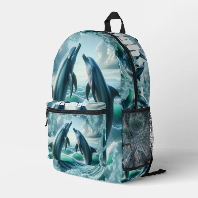 Monogram Blue Teal Dolphins Ocean | Printed Backpack (Back Corner Right)