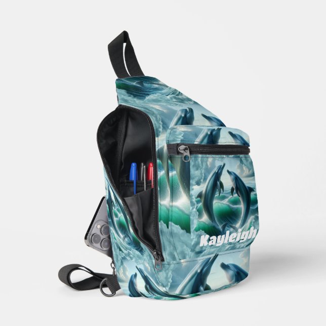 Monogram Blue Teal Dolphins Ocean | Sling Bag (Open)