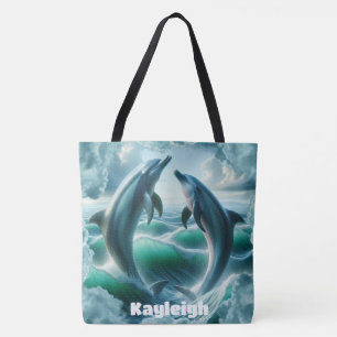Monogram Blue Teal Dolphins Ocean Tote Bag