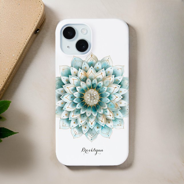 Monogram Blue Teal Gold Floral Mandala Case-Mate iPhone Case (Creator Uploaded)