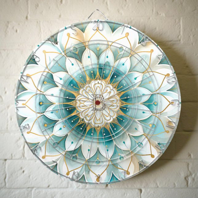 Monogram Blue Teal Gold Floral Mandala Dart Board (Creator Uploaded)