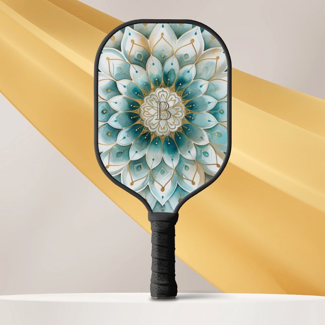 Monogram Blue Teal Gold Floral Mandala Pickleball Paddle (Creator Uploaded)