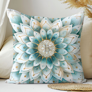 Monogram Blue Teal Gold Floral Mandala Throw Pillow
