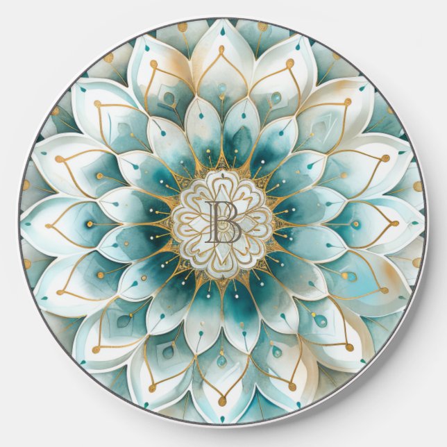 Monogram Blue Teal Gold Floral Mandala Wireless Charger (Front)
