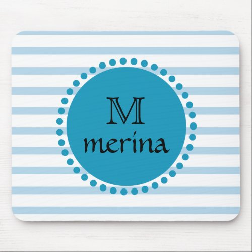 Monogram Blue Teal Gold Striped Circle Mouse Pad