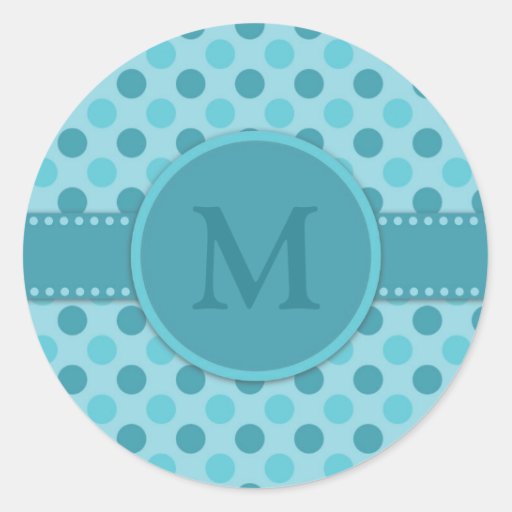 Monogram Blue Teal Polka Dots Classic Round Sticker | Zazzle