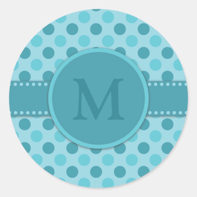 Monogram Blue Teal Polka Dots Classic Round Sticker (Front)