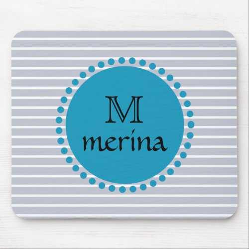 Monogram Blue Teal Striped Gold Circle Mouse Pad