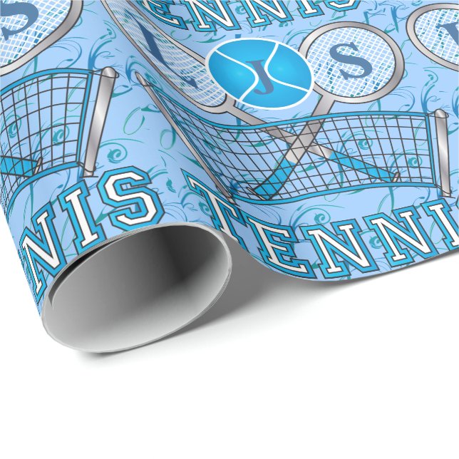 Monogram Blue Tennis Sport Design Wrapping Paper (Roll Corner)