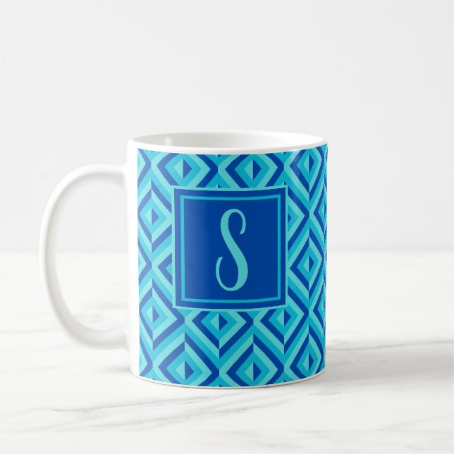 Monogram Blue Three-Tone Diamond Pattern Coffee Mug (Left)