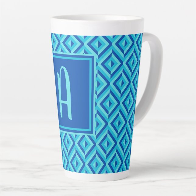 Monogram Blue Three-Tone Diamond Pattern Latte Mug (Right Angle)