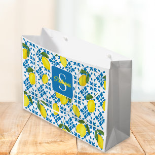 Monogram Blue Tile French Country Lemon Pattern  Large Gift Bag