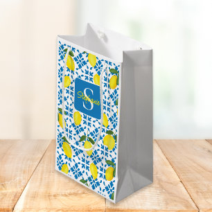 Monogram Blue Tile French Country Lemon Pattern  Small Gift Bag