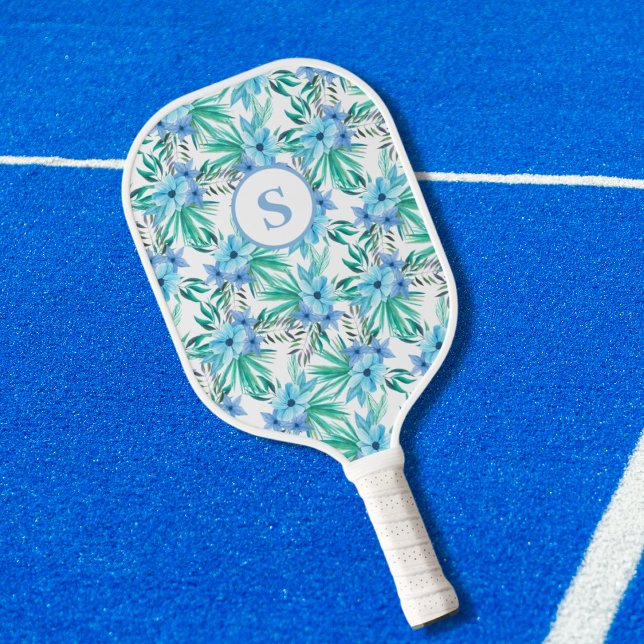 Monogram Blue Tropical Floral Pickleball Paddle (Creator Uploaded)