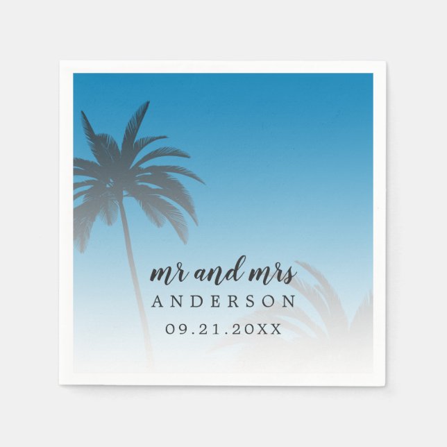 Monogram Blue Tropical Palm Tree Beach Wedding Napkins (Front)