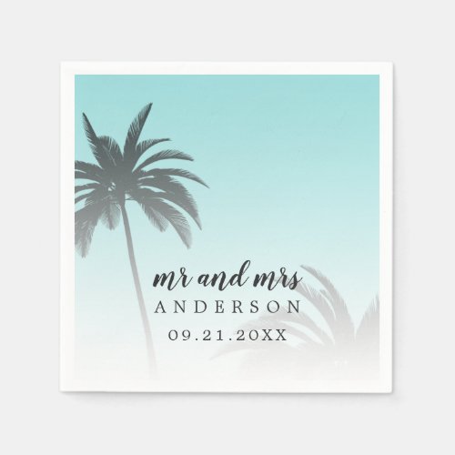 Monogram Blue Tropical Palm Tree Beach Wedding Napkins