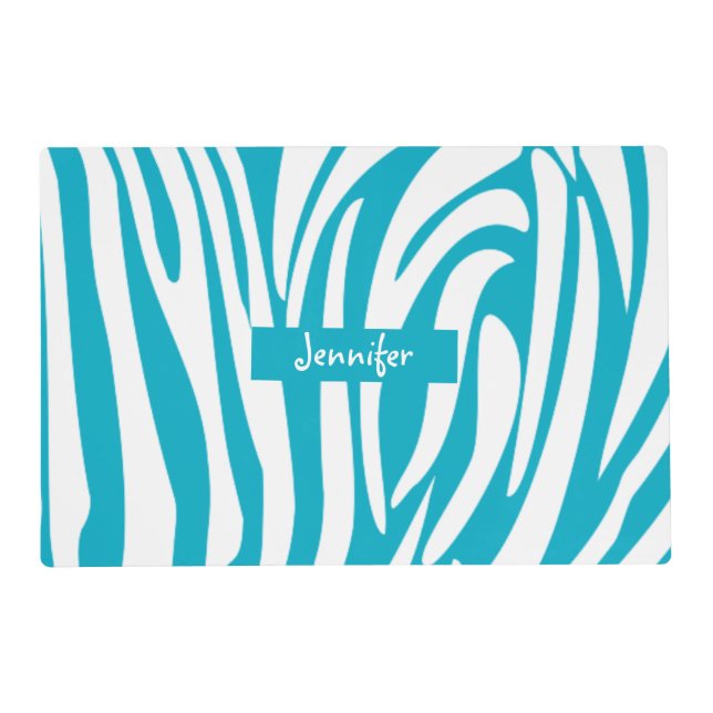 Monogram Blue turquois Striped Zebra Pattern Trend Placemat (Front)