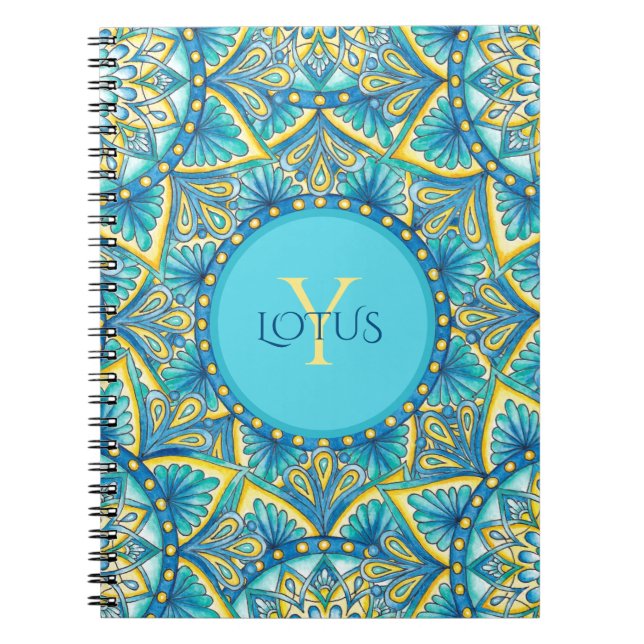 Monogram Blue Turquoise Floral Mandala Pattern Notebook (Front)