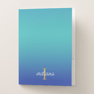 Monogram Blue Turquoise Ombre Modern Script Name Pocket Folder