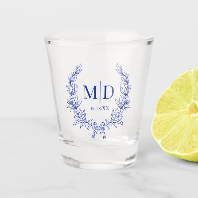 Monogram Blue Victorian Wedding Crest Custom Shot Glass (Front)