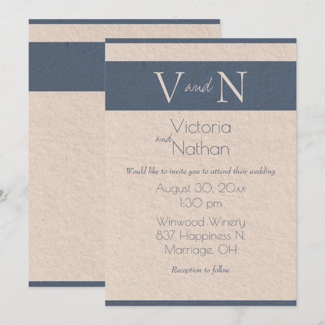 Monogram Blue Vintage Paper Modern Wedding Invitation (Front/Back)