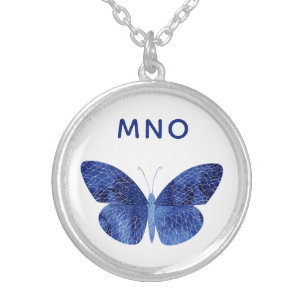 Monogram Blue Watercolor Butterfly Silver Plated Necklace