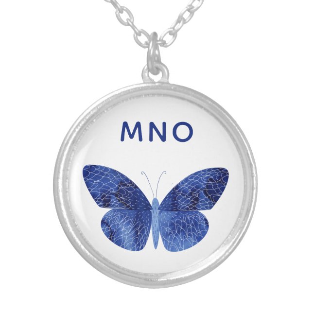 Monogram Blue Watercolor Butterfly Silver Plated Necklace (Front)