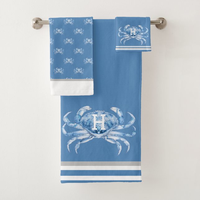 Monogram Blue Watercolor Crab Nautical Coastal  Bath Towel Set (Insitu)
