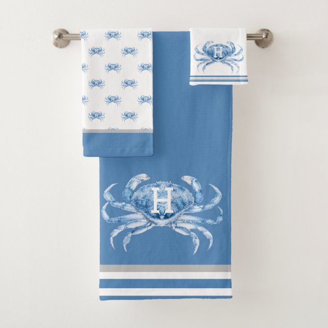 Monogram Blue Watercolor Crab Nautical Coastal  Bath Towel Set (Insitu)