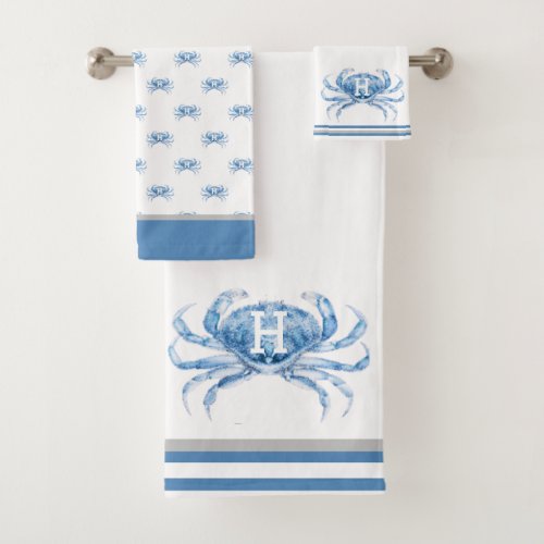 Monogram Blue Watercolor Crab Nautical Coastal  Bath Towel Set