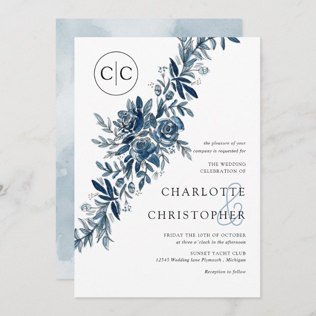 Monogram blue watercolor floral lineart wedding invitation (Front/Back)