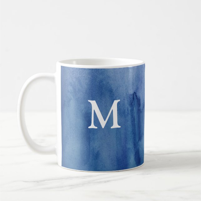 Monogram Blue Watercolor Texture Abstract Painting Coffee Mug (Left)