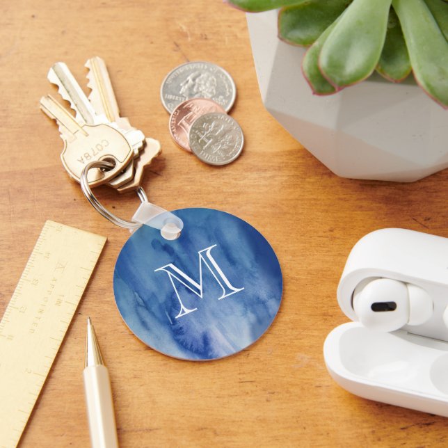 Monogram Blue Watercolor Texture Abstract Painting Keychain (Desk)